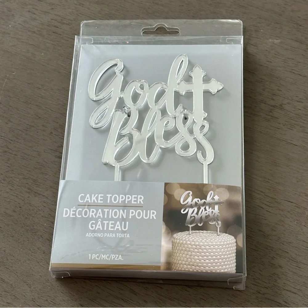 AMSCAN Metallic Silver God Bless Mirrored Cake Topper New